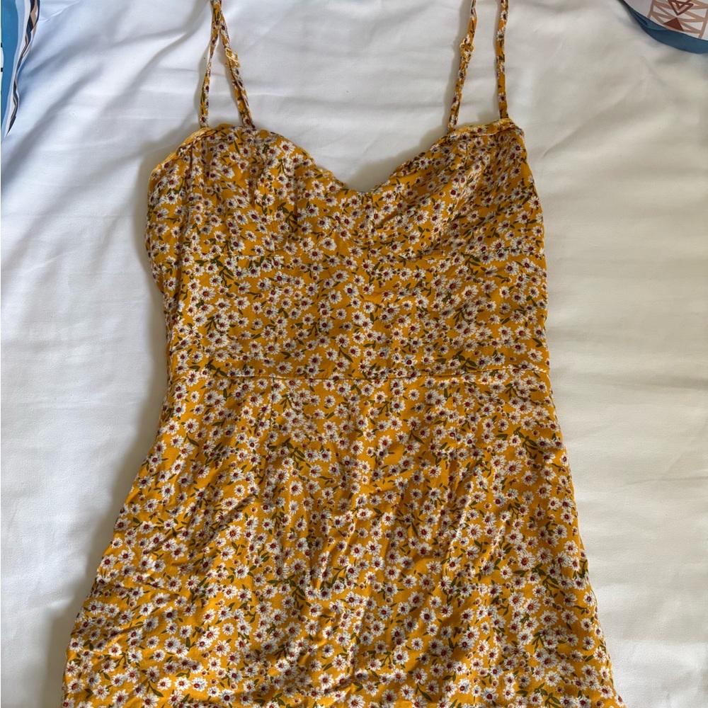 Revolve (Super Down) Yellow Floral Print Sundress with Ruffle Hem - Size Small